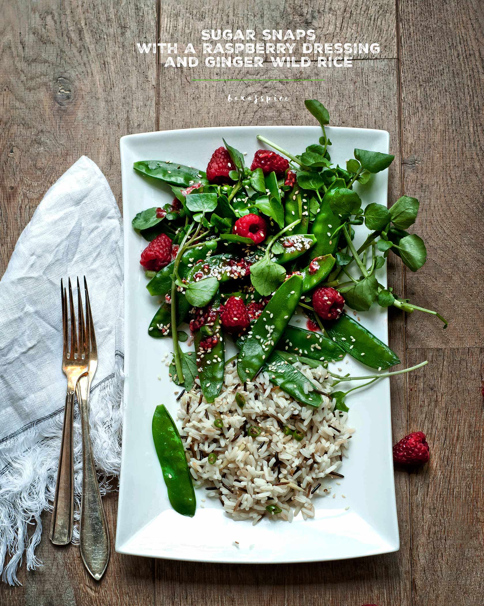 Wildcress and Sugar Snaps with A Raspberry Dressing and Ginger Wild Rice I Boxofspice