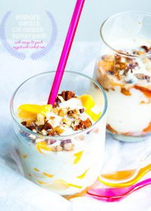 Yoghurt Vanilla Cardamom Semifreddo with Mango and Peach Topped with Candied Nuts