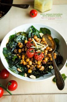 Spicy Indian Chickpeas with Spinach Chips, Topped with Roasted Cherry Tomatoes and Ginger Pickle