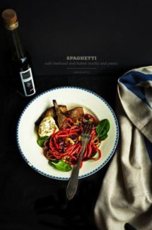 Spaghetti with Beetroot and Baked Ricotta and Pears