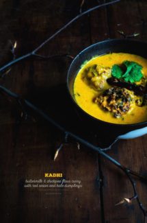 Kadhi / Buttermilk and Chickpea Flour Curry with Red Onion and Kale Dumplings