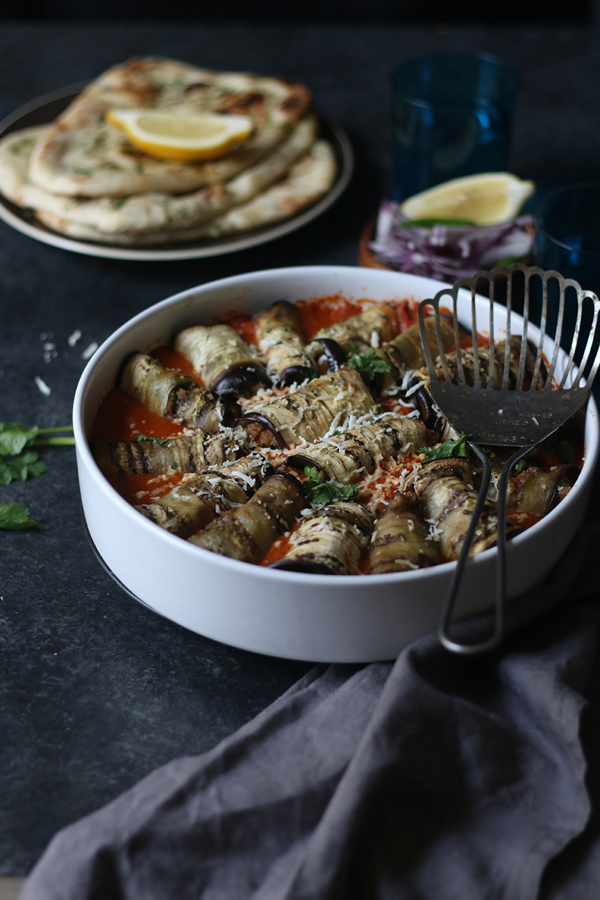 Stuffed Eggplant Rolls in a Mild Almond Tomato Curry I Food Fashion Party