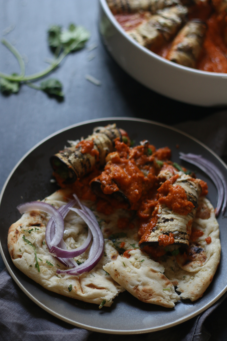 Stuffed Eggplant Rolls in a Mild Almond Tomato Curry I Food Fashion Party