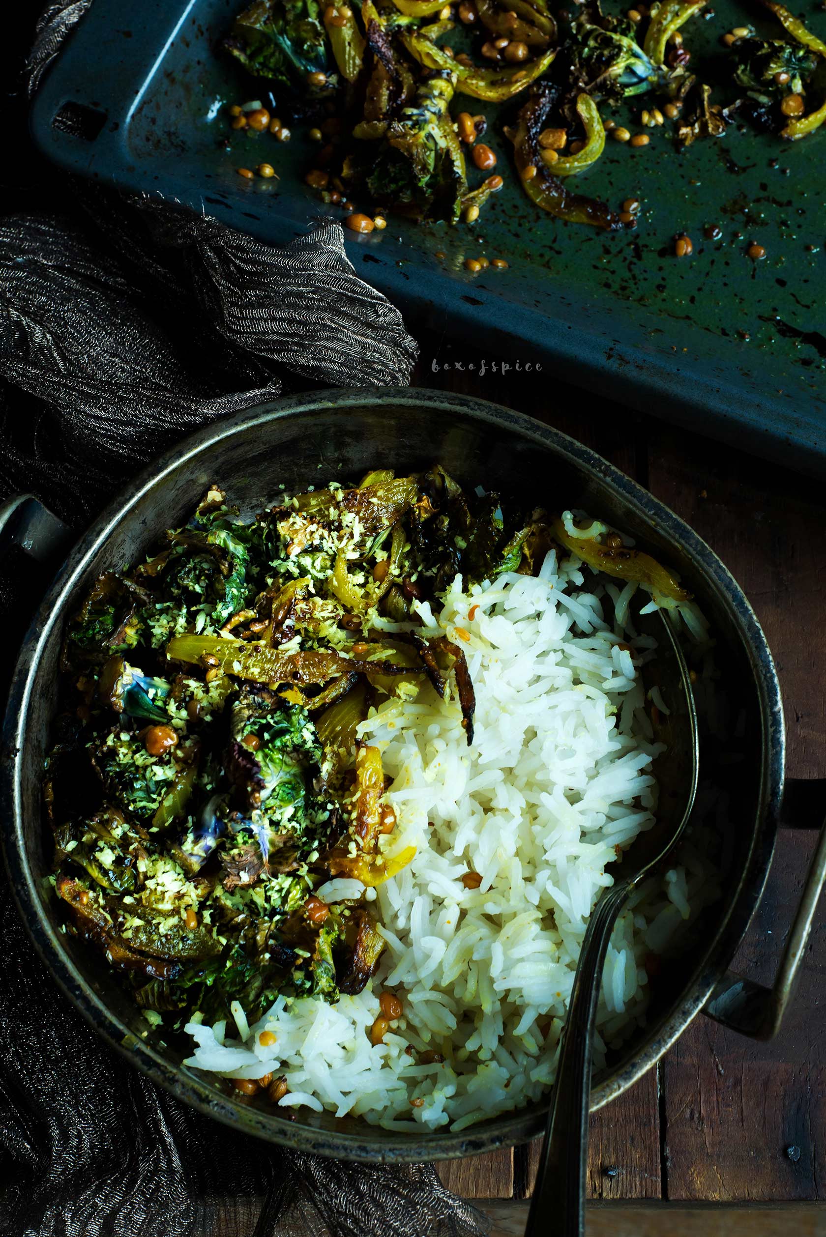 South Indian Style Roasted Kale Sprouts with Turmeric Onions I Boxofspice