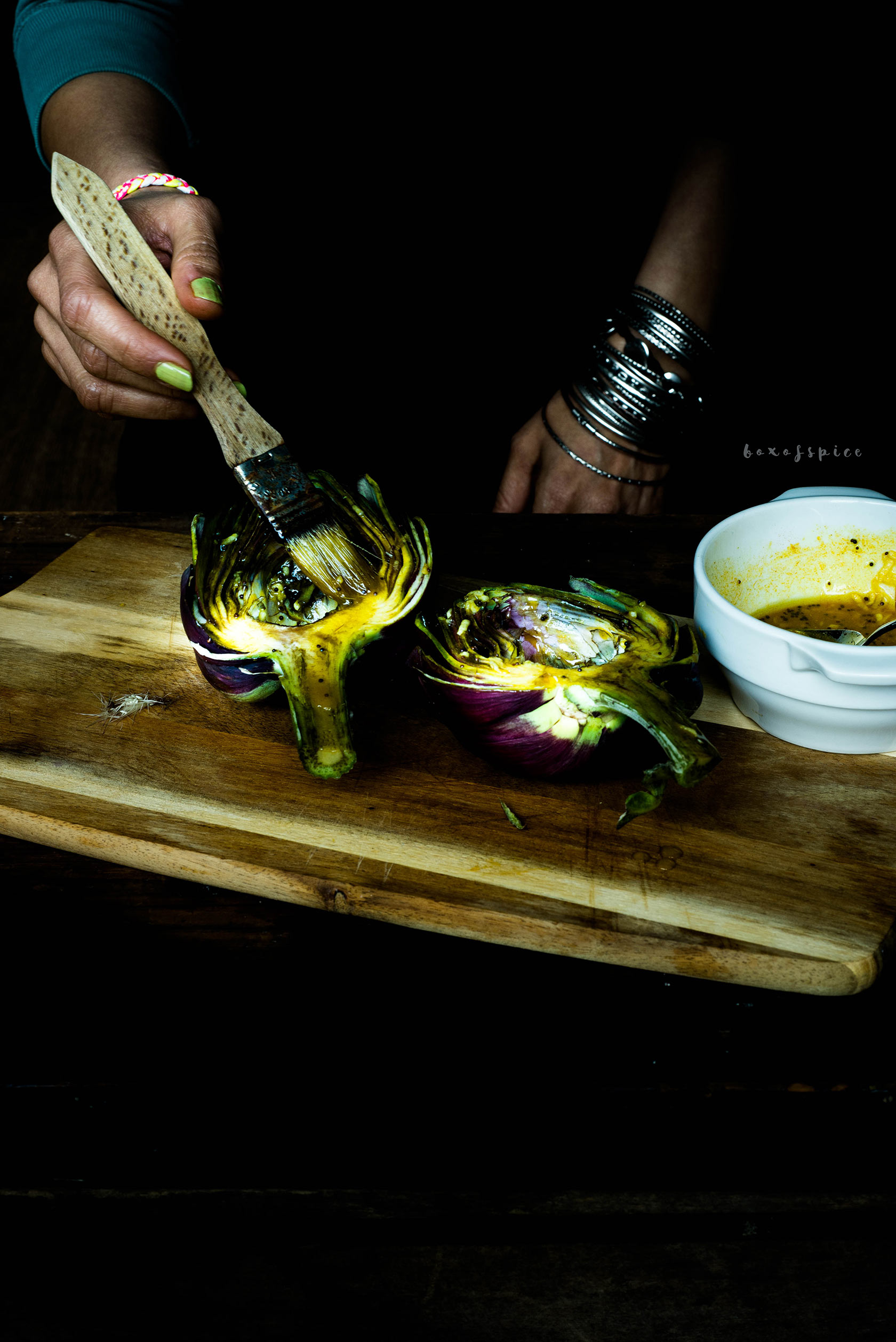 Turmeric Roasted Artichokes with Lentils and Lemon Turmeric Aioli I Boxofspice 