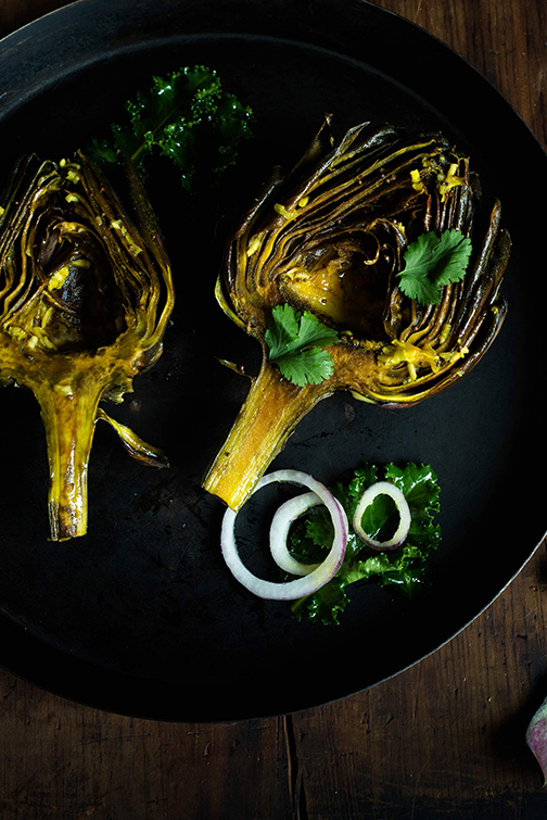 Turmeric Roasted Artichokes with Lentils and Lemon Turmeric Aioli I Boxofspice 