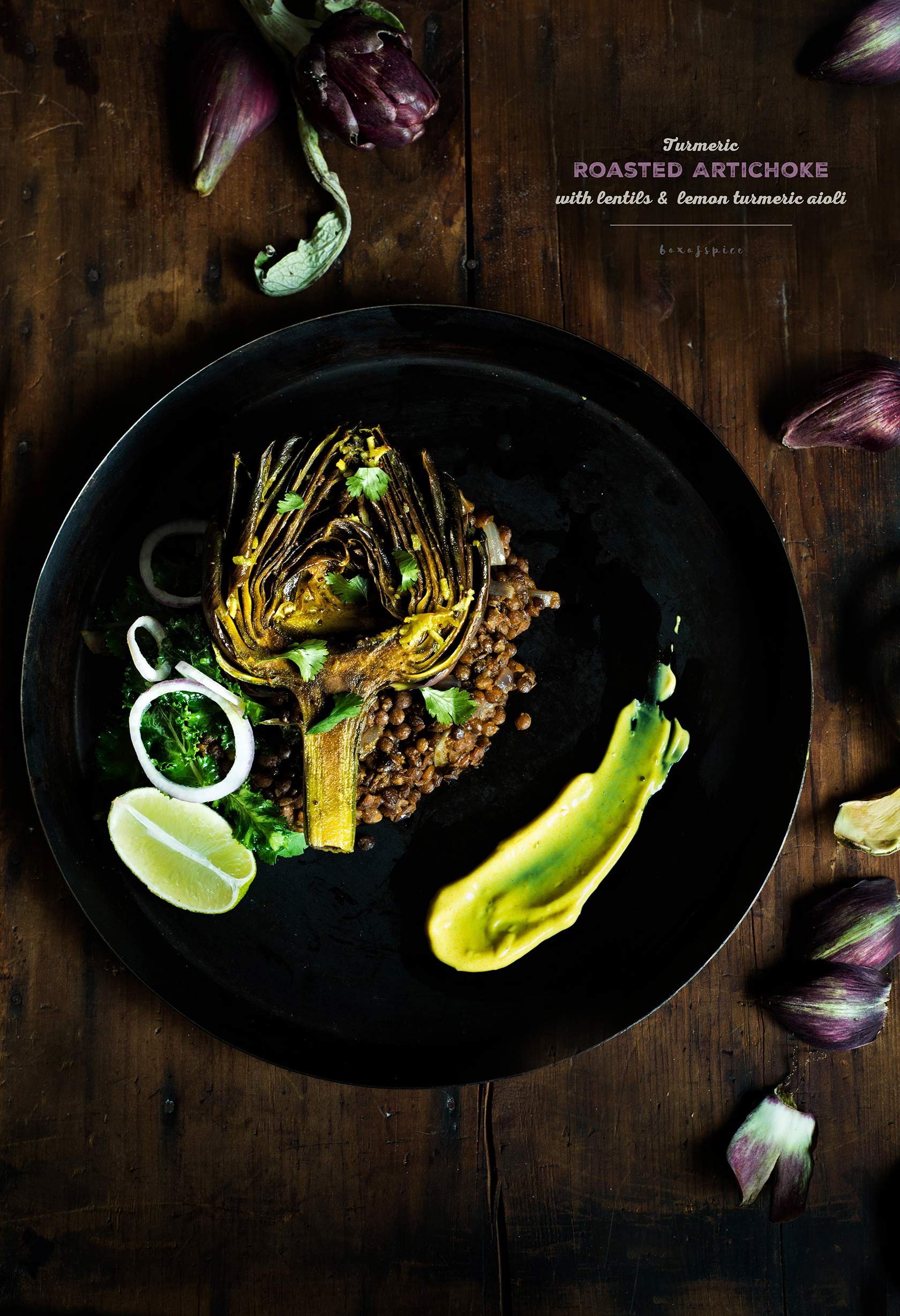 Turmeric Roasted Artichokes with Lentils and Lemon Turmeric Aioli I Boxofspice 