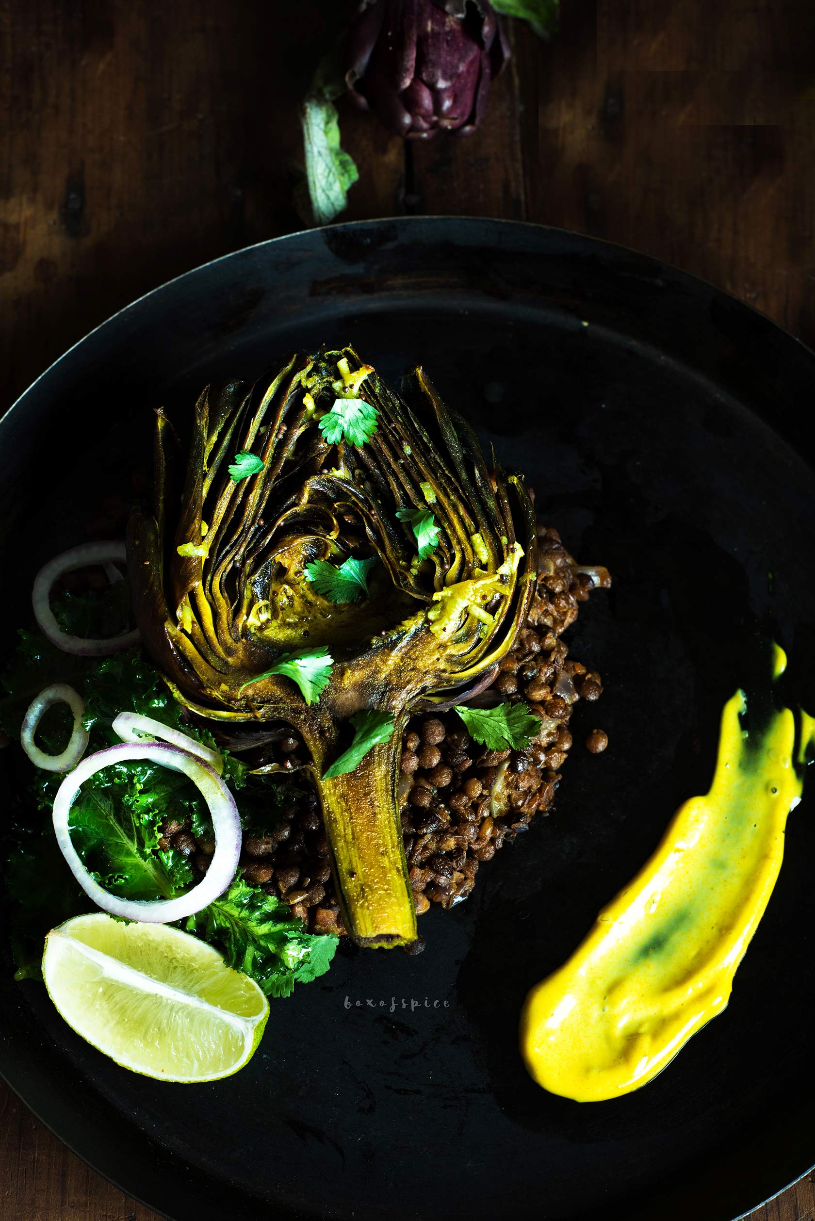 Turmeric Roasted Artichokes with Lentils and Lemon Turmeric Aioli I Boxofspice 