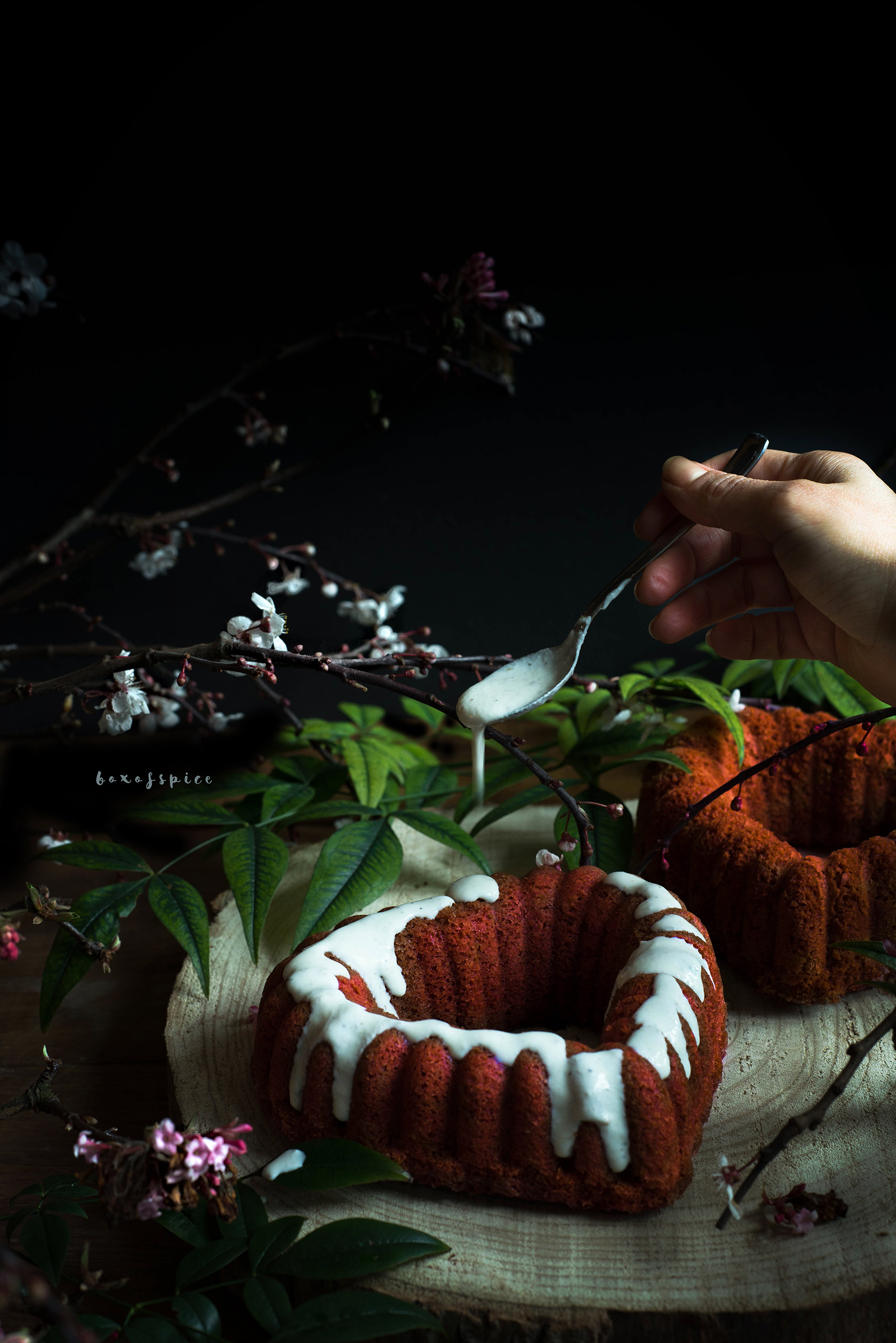 Red Velvet Valentine Beet Cake with A Goat Cheese Cardamom Glaze I Boxofspice