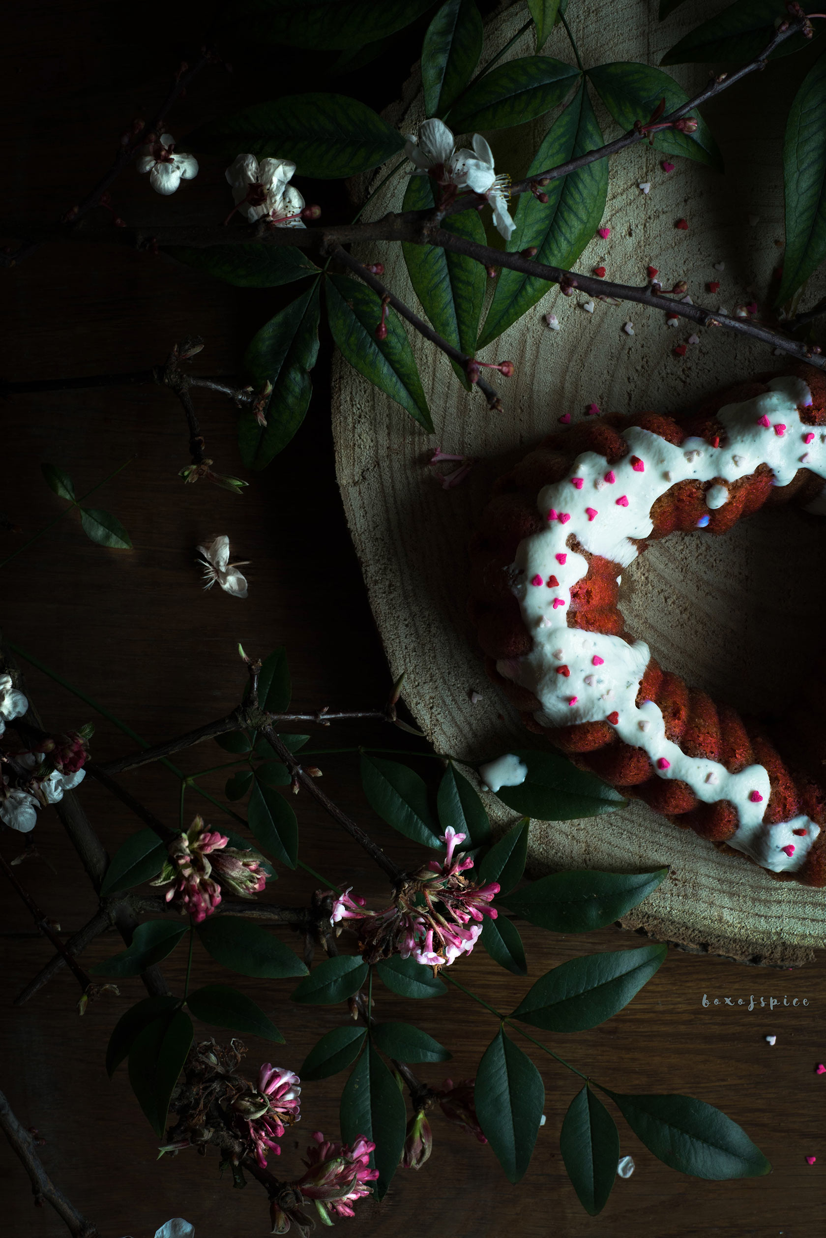 Red Velvet Valentine Beet Cake with A Goat Cheese Cardamom Glaze I Boxofspice
