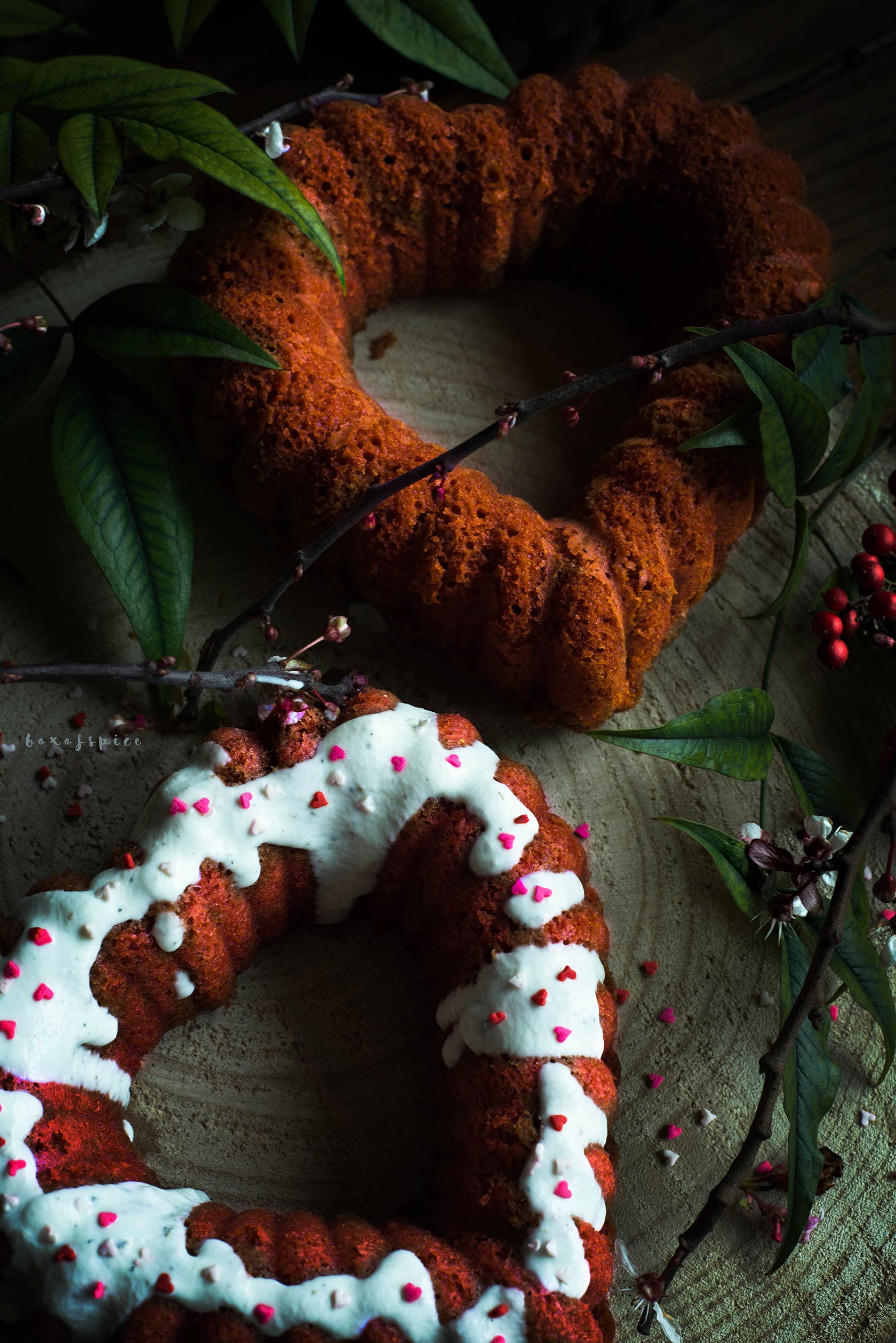 Red Velvet Valentine Beet Cake with A Goat Cheese Cardamom Glaze I Boxofspice