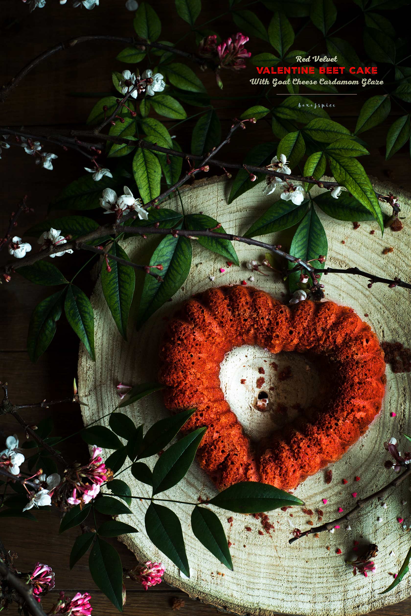 Red Velvet Valentine Beet Cake with A Goat Cheese Cardamom Glaze I Boxofspice