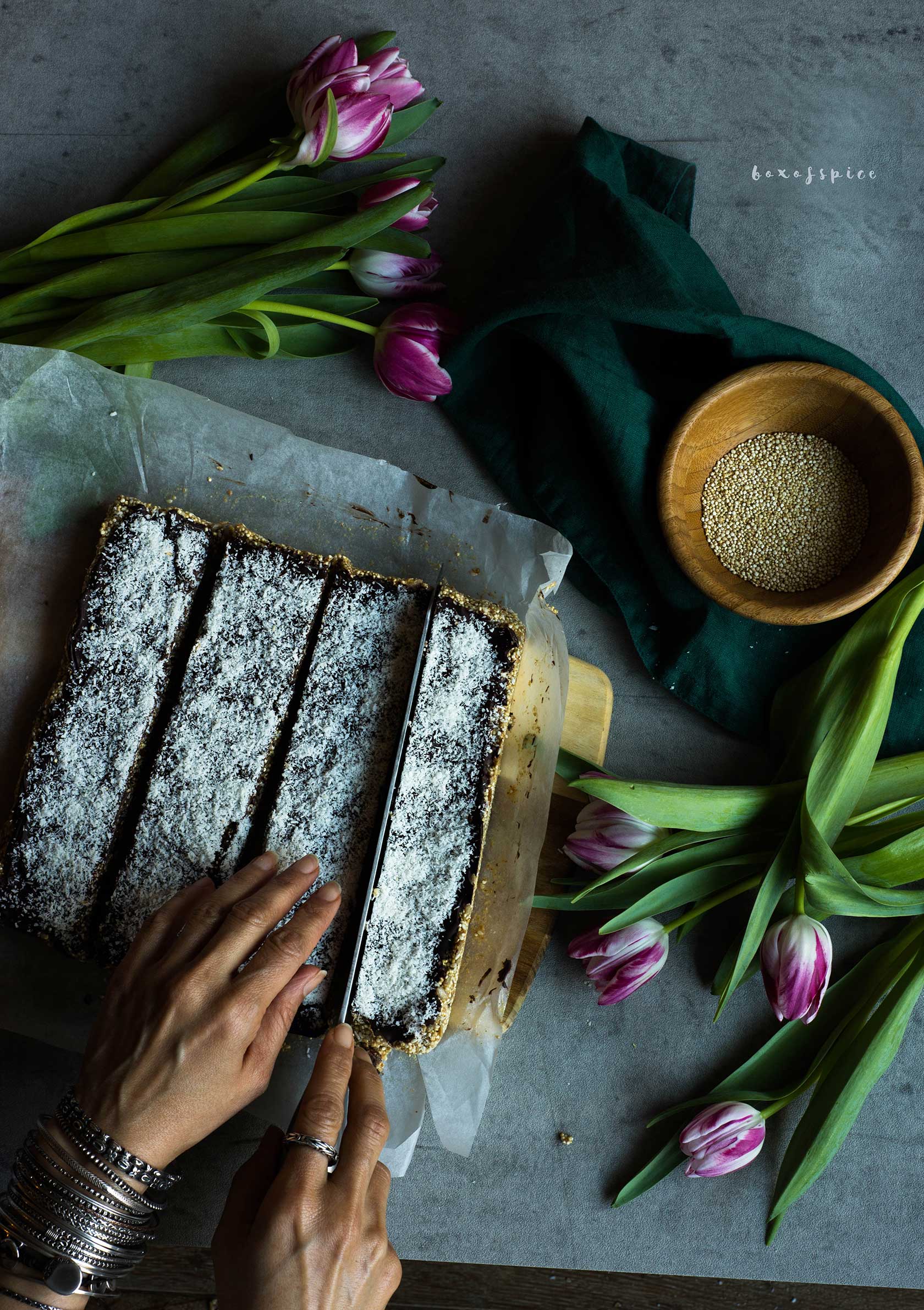 Chocolate Quinoa Sesame Bars with Figs and Sunflower Seeds I Boxofspice