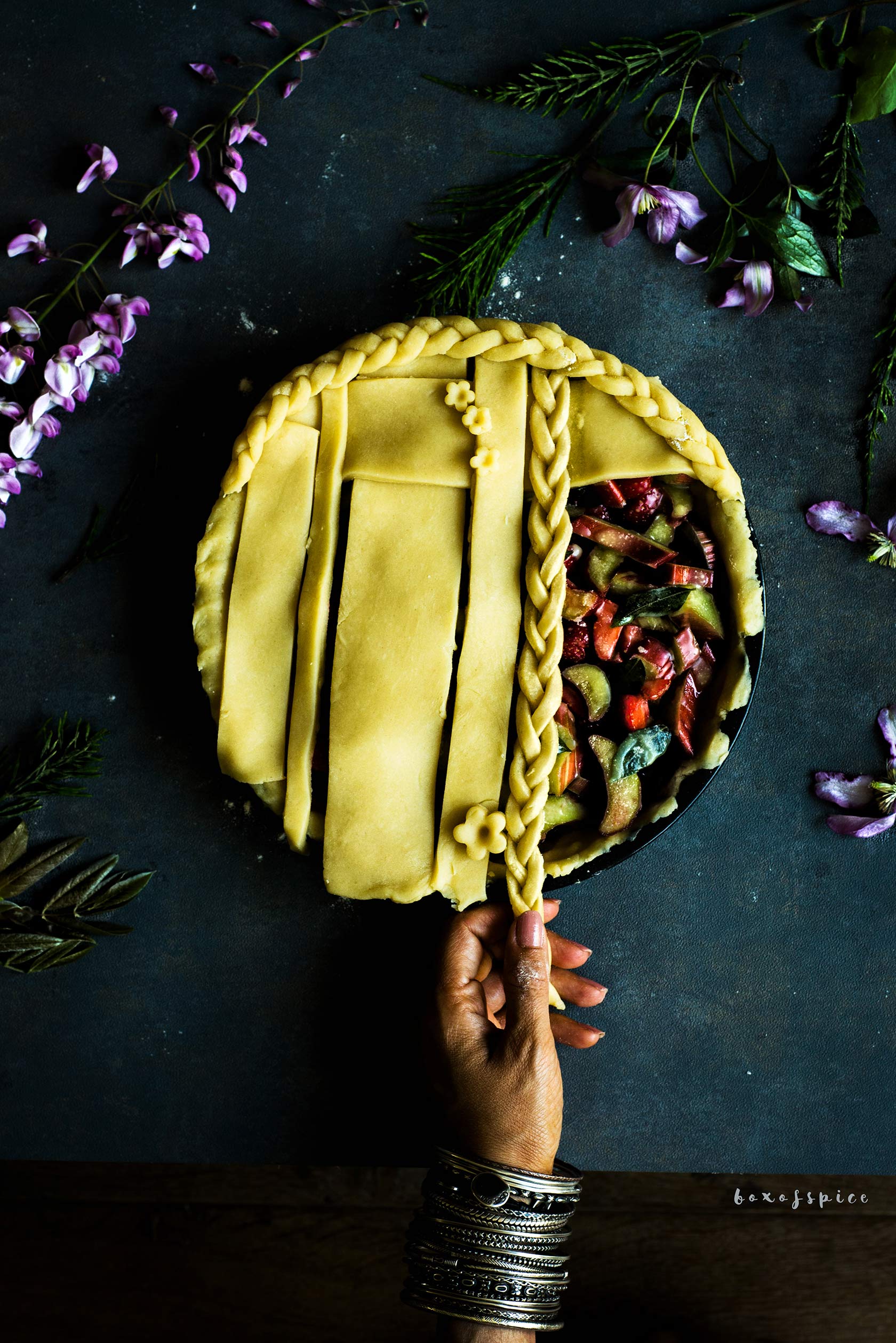 Strawberry Rhubarb Pie with Curry Leaf Butter I Boxofspice