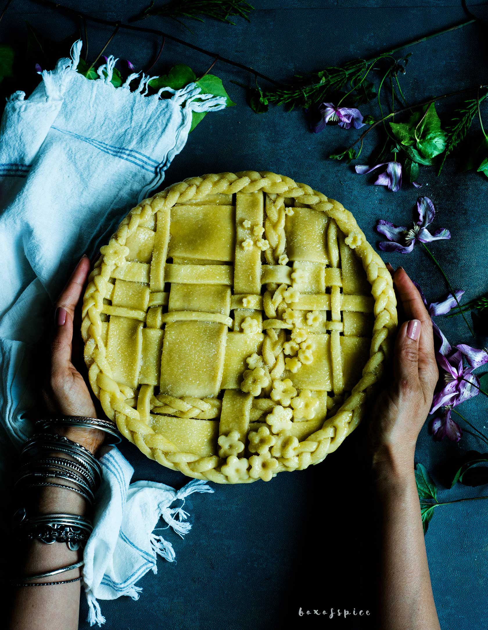 Strawberry Rhubarb Pie with Curry Leaf Butter I Boxofspice
