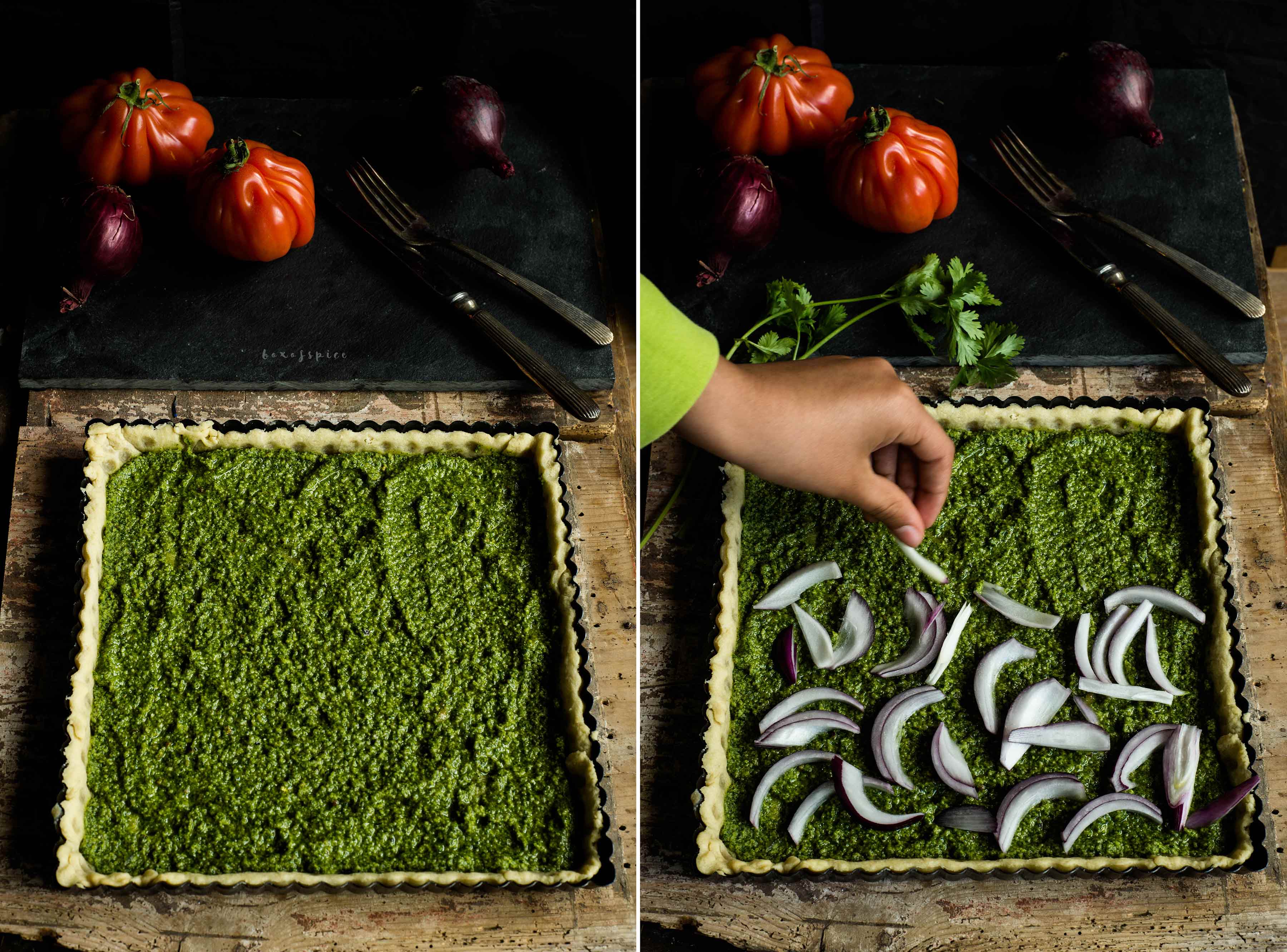 heirloom Tomato Tart with Cilantro Pesto and Paneer I Boxofspice