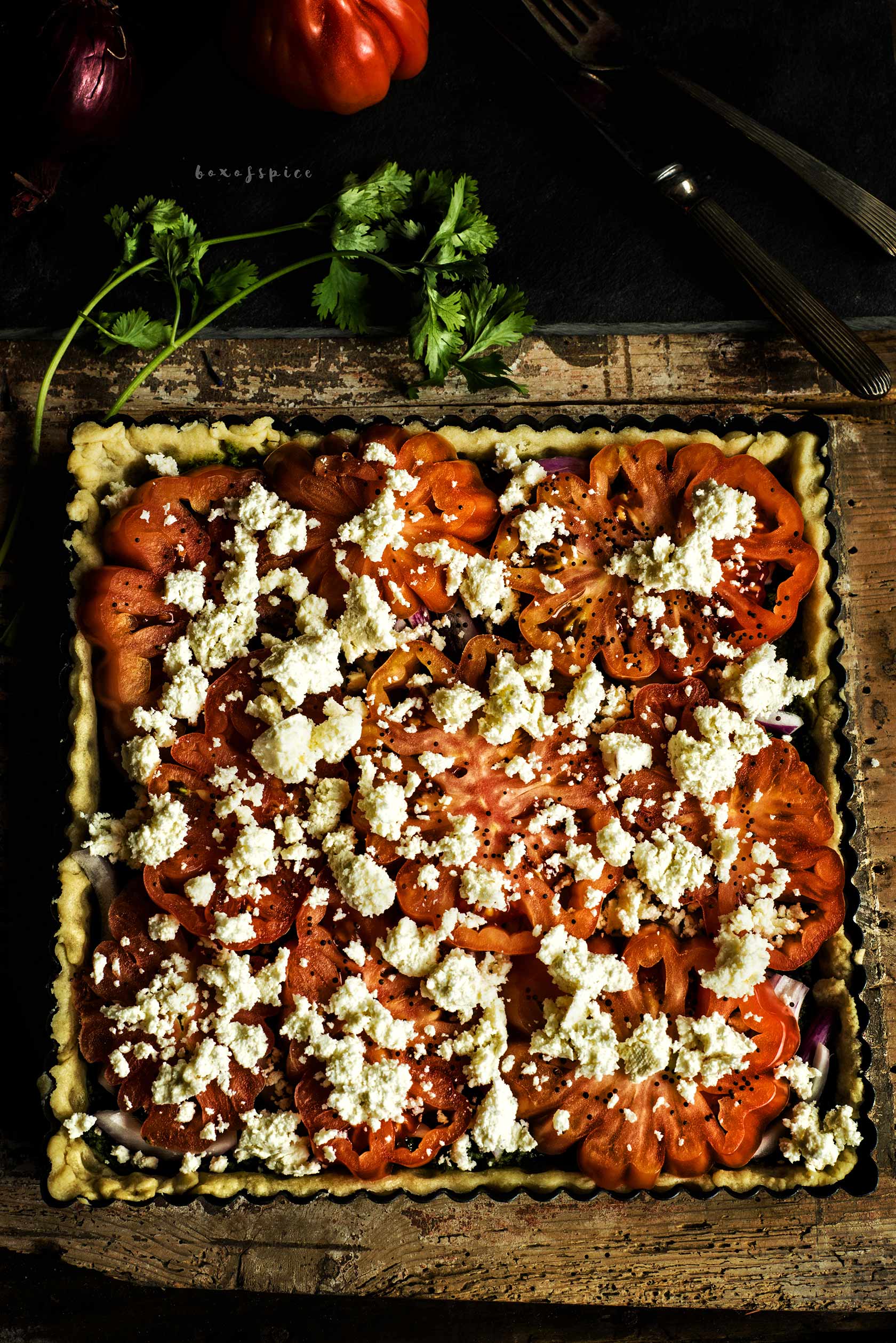 heirloom Tomato Tart with Cilantro Pesto and Paneer I Boxofspice