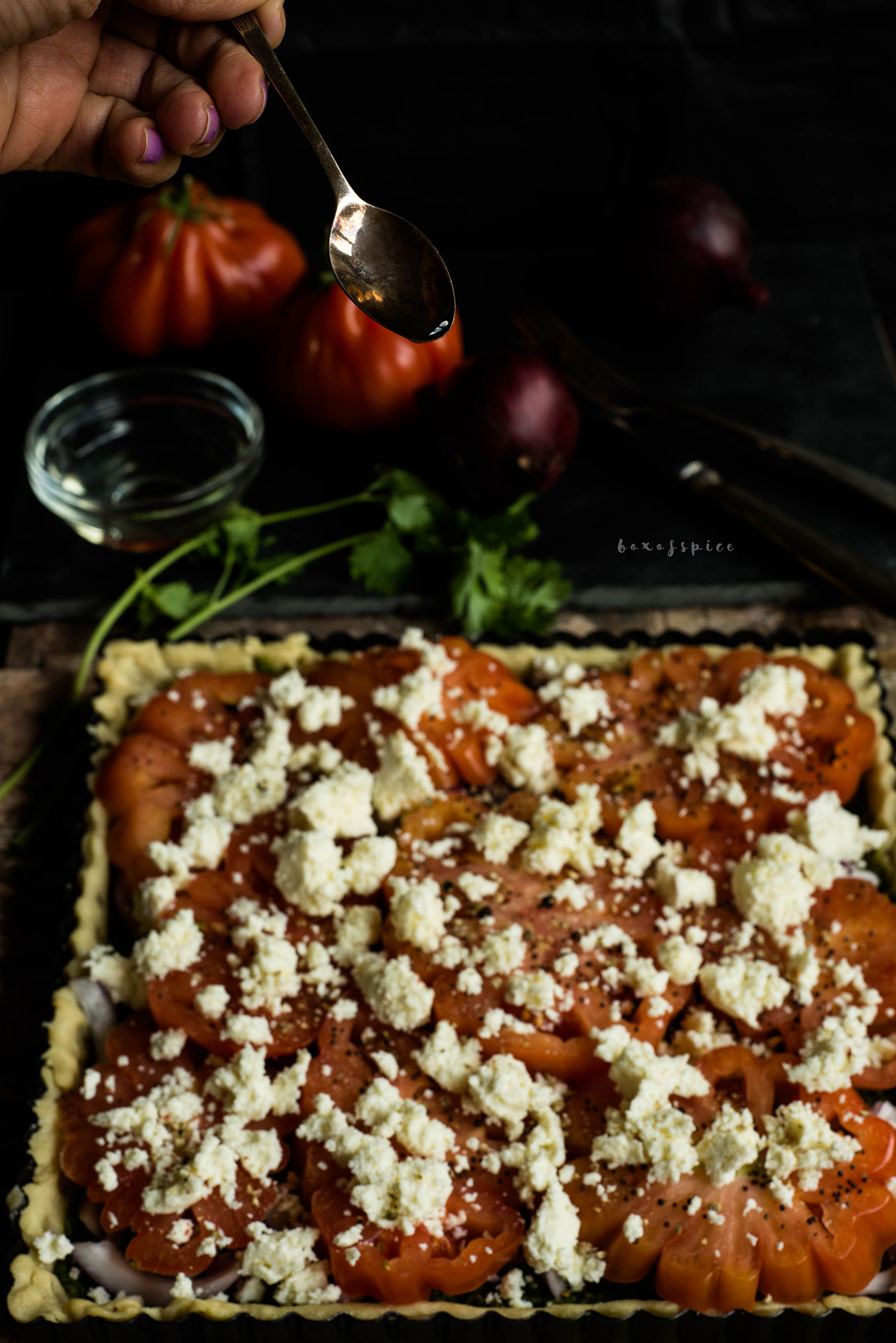 heirloom Tomato Tart with Cilantro Pesto and Paneer I Boxofspice