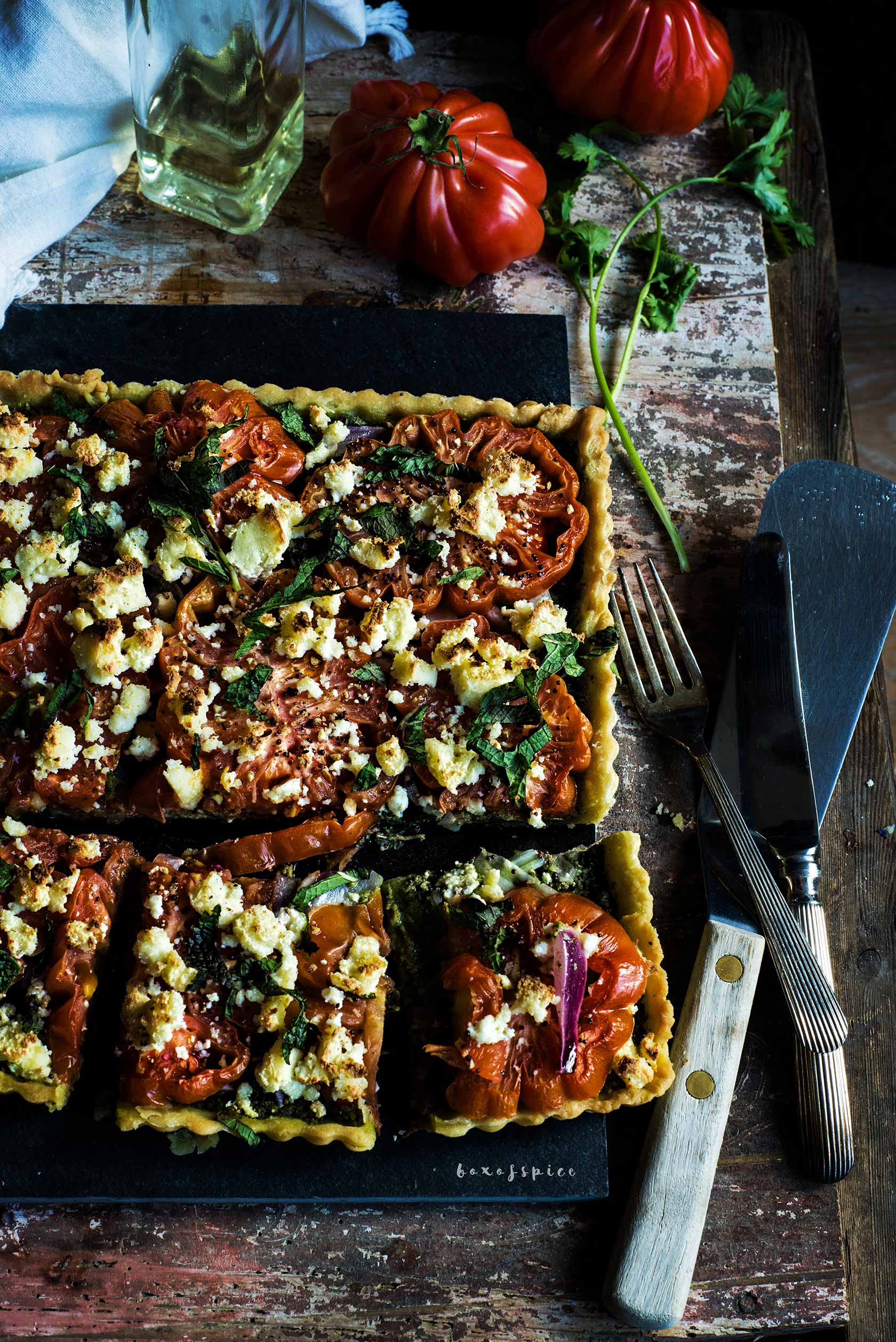 heirloom Tomato Tart with Cilantro Pesto and Paneer I Boxofspice