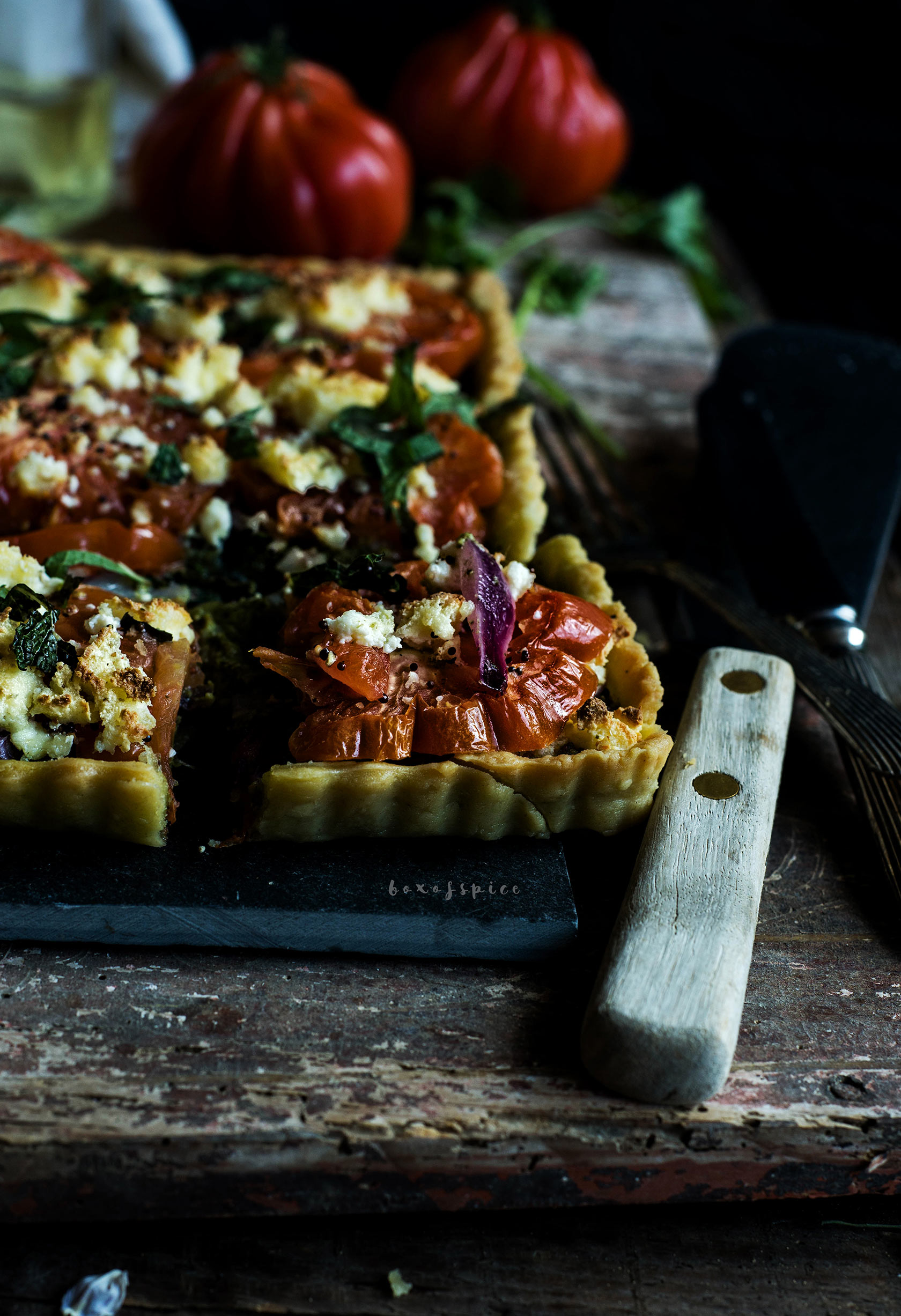 heirloom Tomato Tart with Cilantro Pesto and Paneer I Boxofspice
