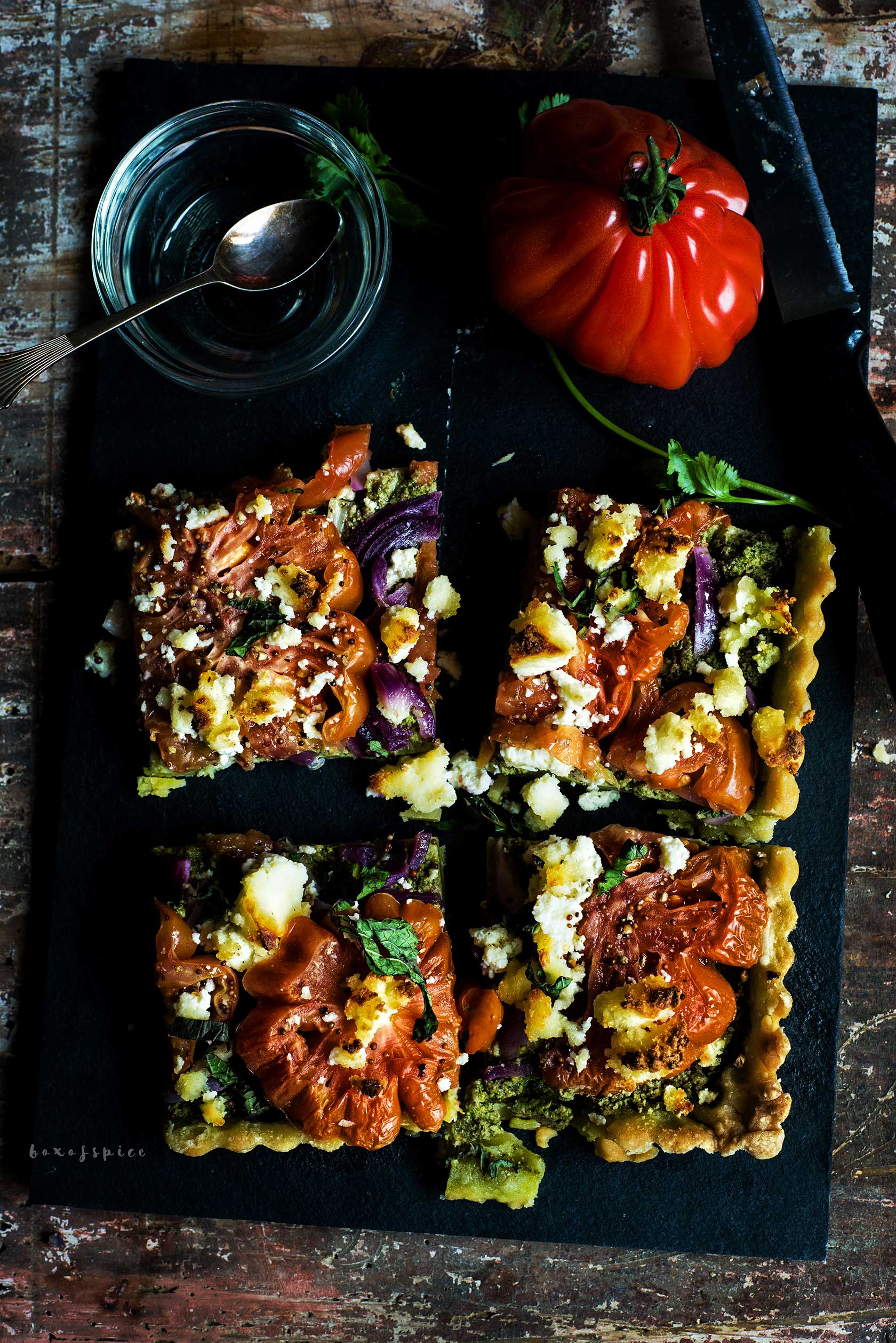 heirloom Tomato Tart with Cilantro Pesto and Paneer I Boxofspice