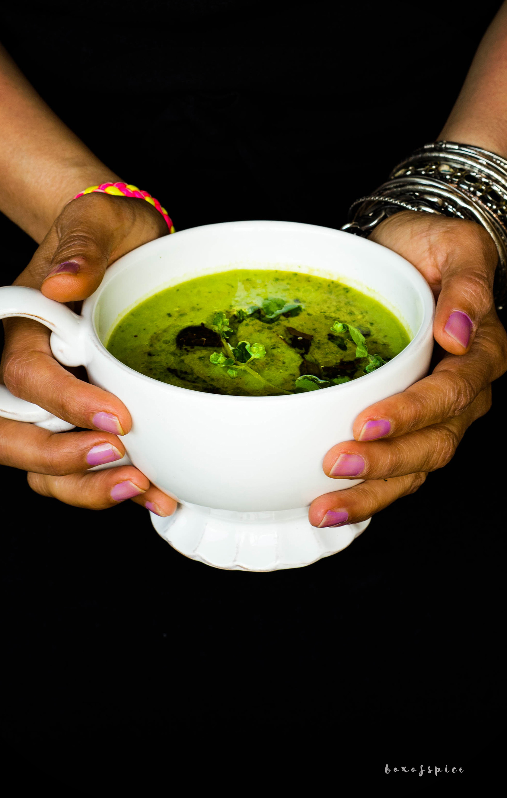 Summer Pea Soup with Turmeric Celeriac Chips I Boxofspice