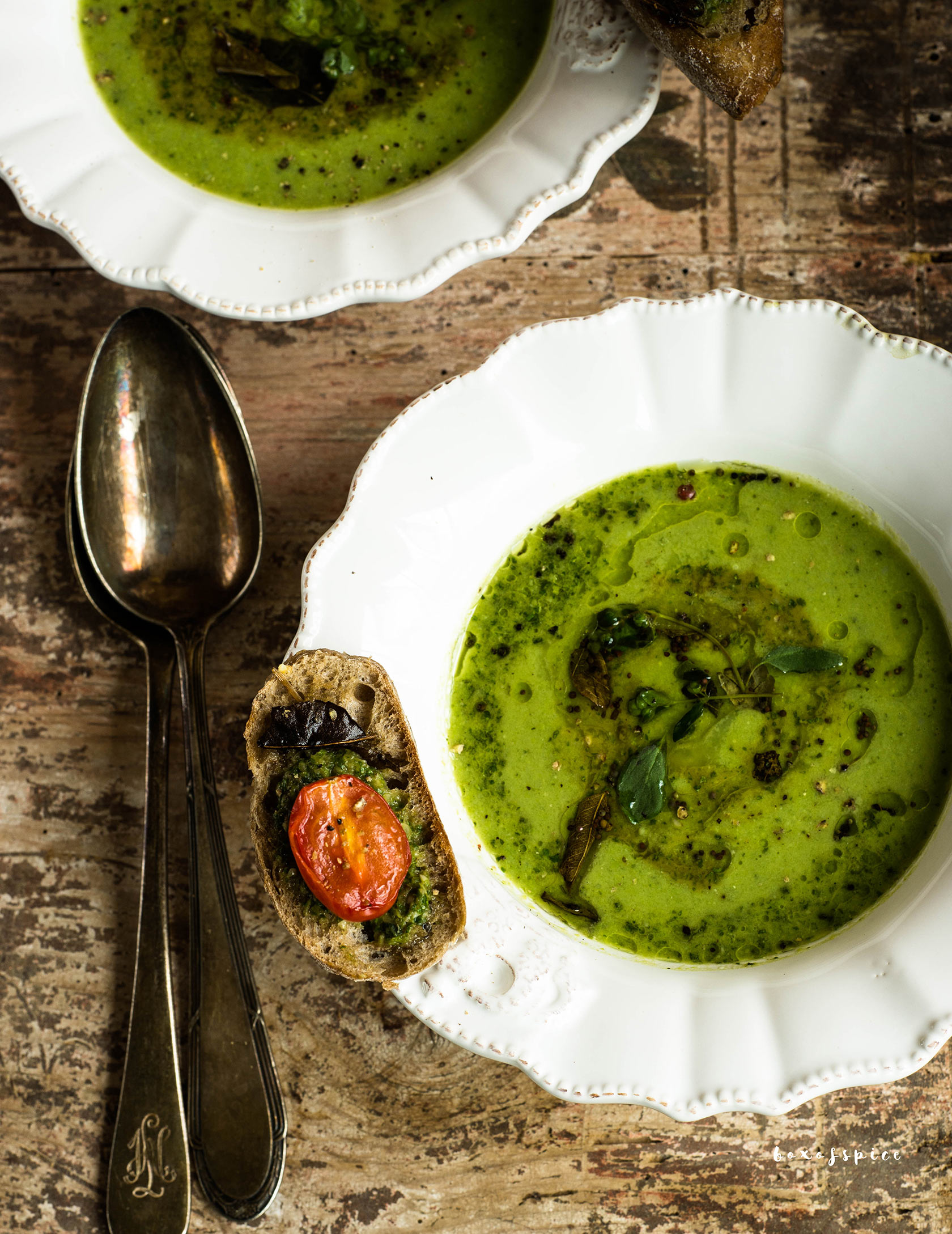 Summer Pea Soup with Turmeric Celeriac Chips I Boxofspice
