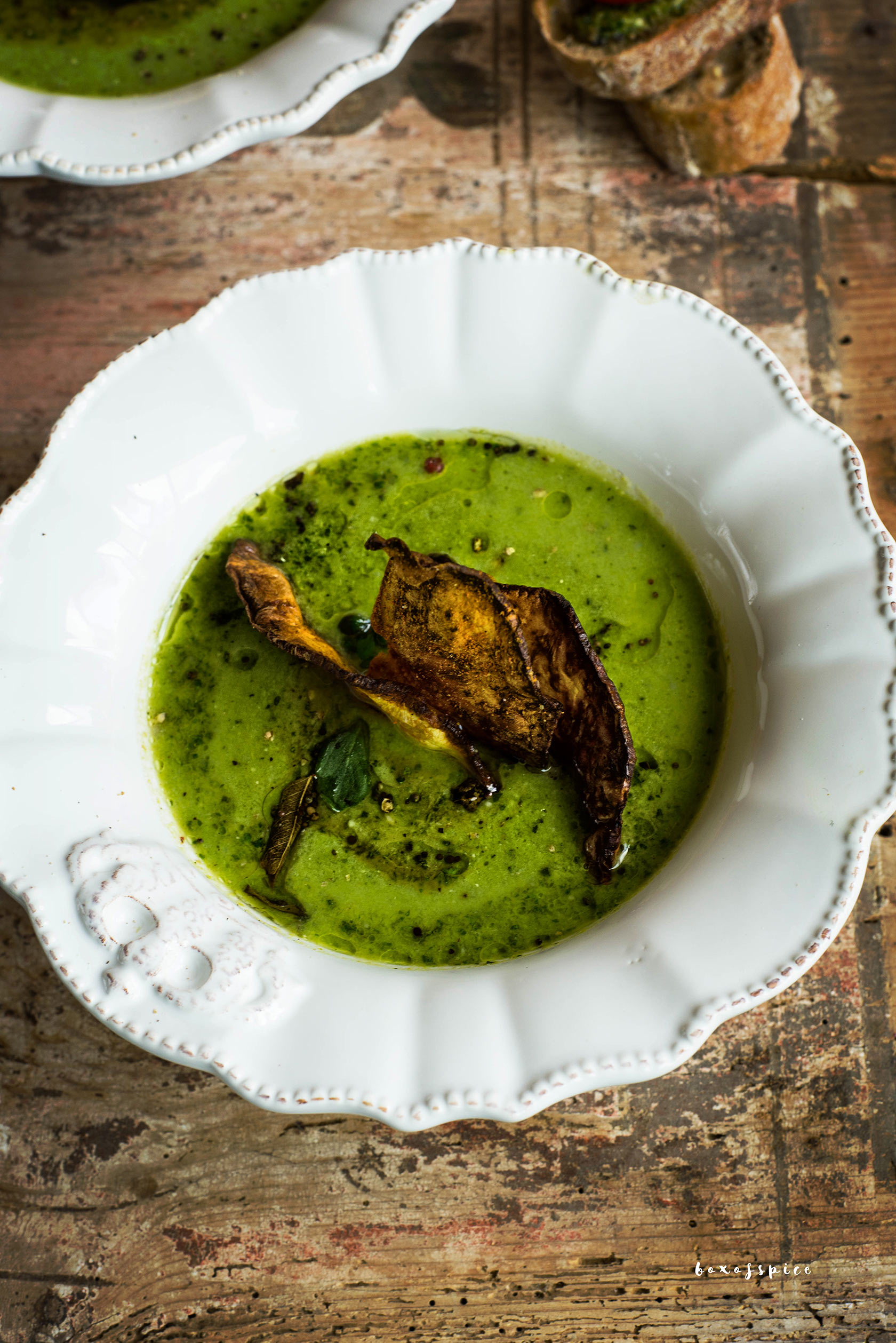 Summer Pea Soup with Turmeric Celeriac Chips I Boxofspice
