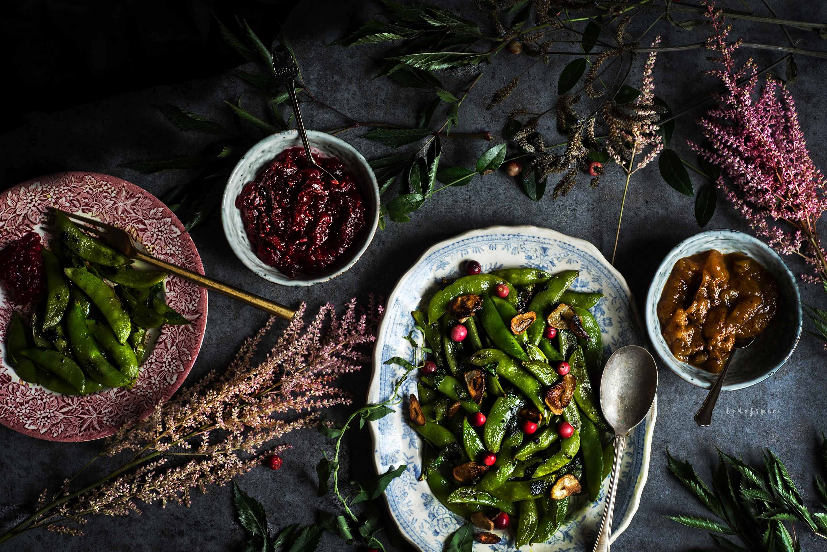 Burnt Garlic Sugar Snaps with Cranberry Chutney I Boxofspice