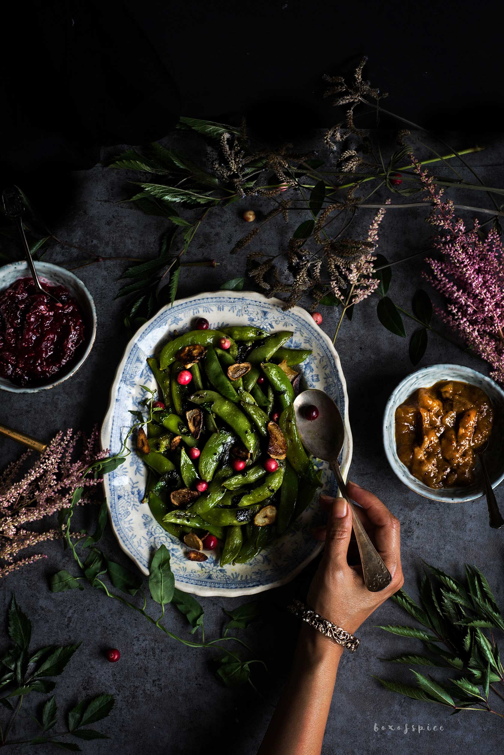 Burnt Garlic Sugar Snaps with Cranberry Chutney I Boxofspice