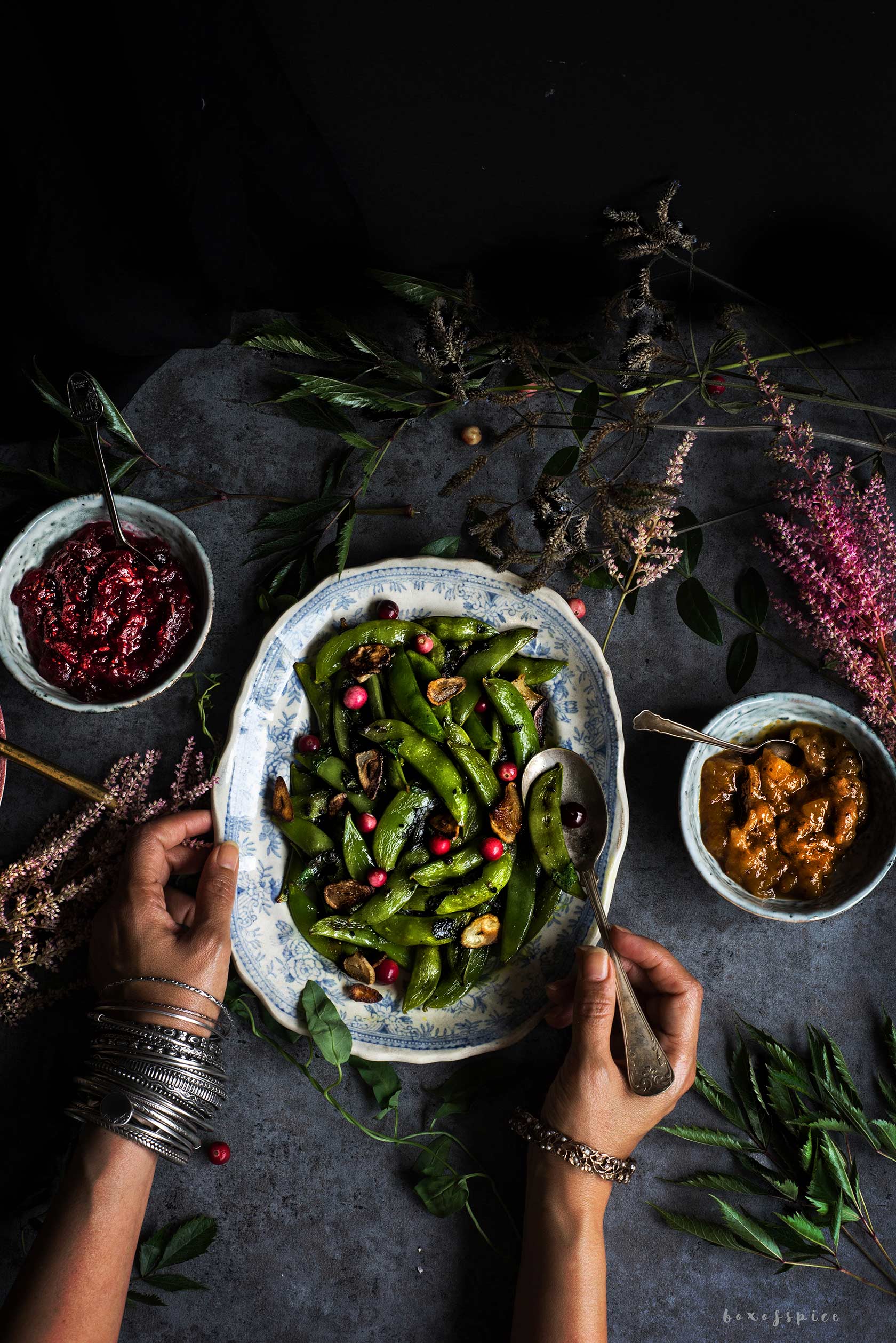 Burnt Garlic Sugar Snaps with Cranberry Chutney I Boxofspice