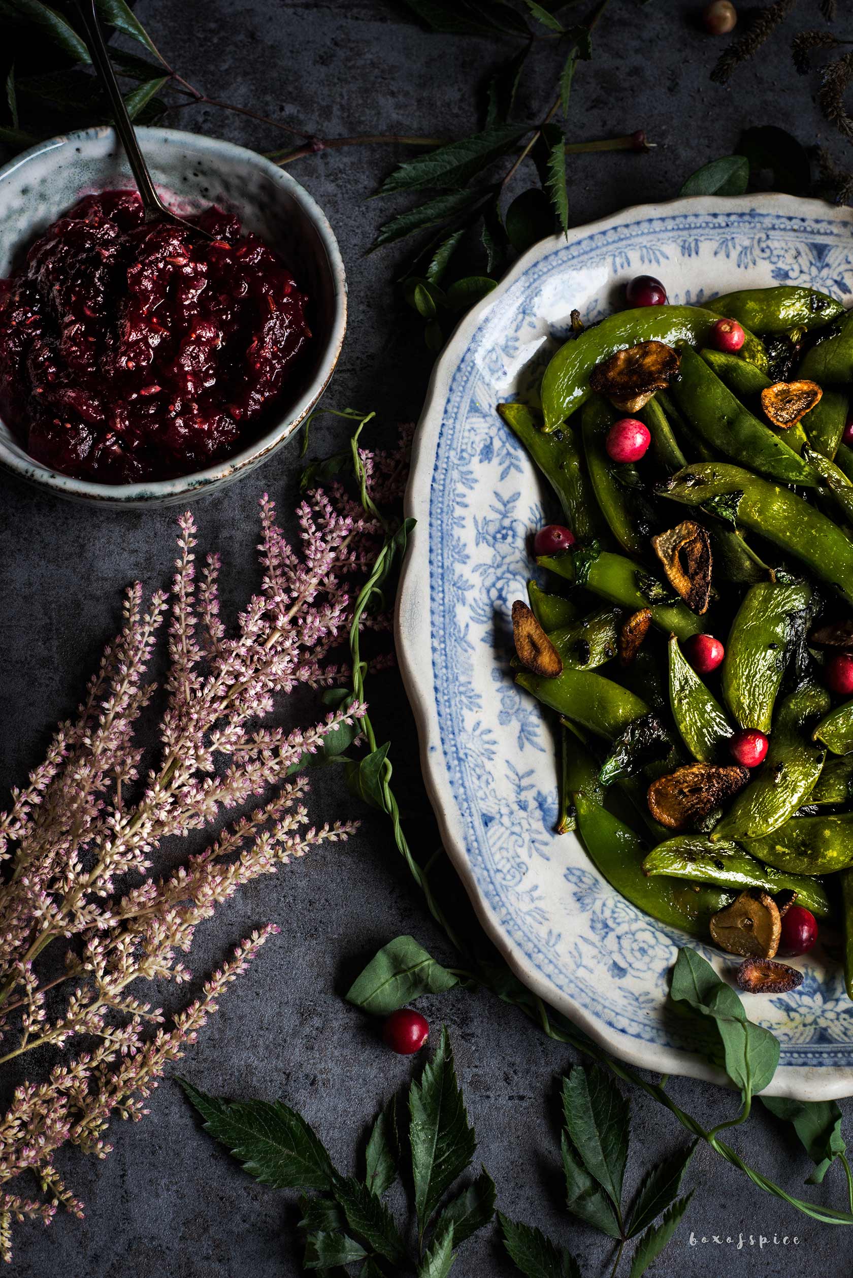 Burnt Garlic Sugar Snaps with Cranberry Chutney I Boxofspice