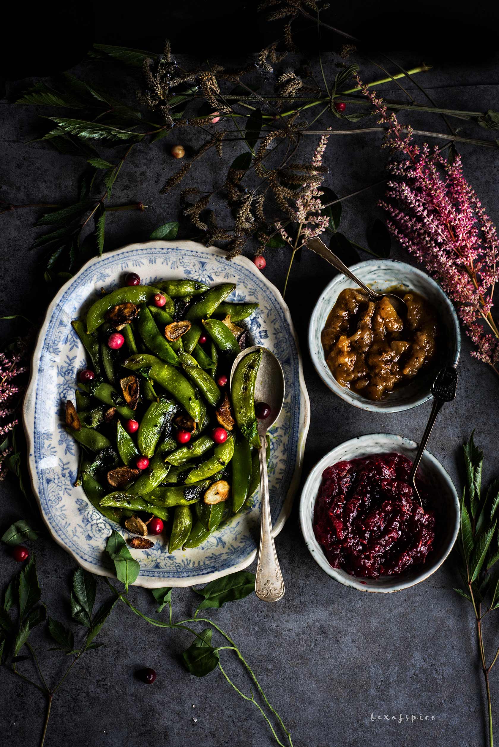 Burnt Garlic Sugar Snaps with Cranberry Chutney I Boxofspice